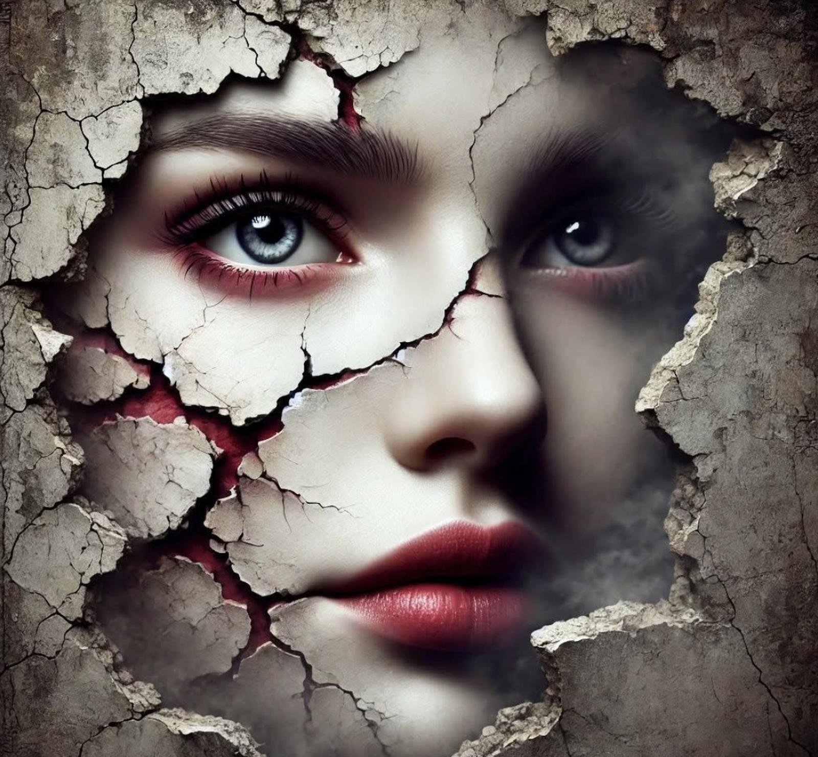 Visage féminin émergeant d’un mur fissuré, symbolisant la transformation intérieure et la renaissance vibratoire